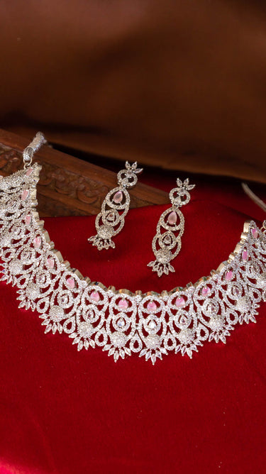 Baby Pink American Diamond Choker Necklace with Earrings Mridu