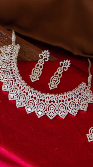 White American Diamond Choker Necklace with Earrings Rani
