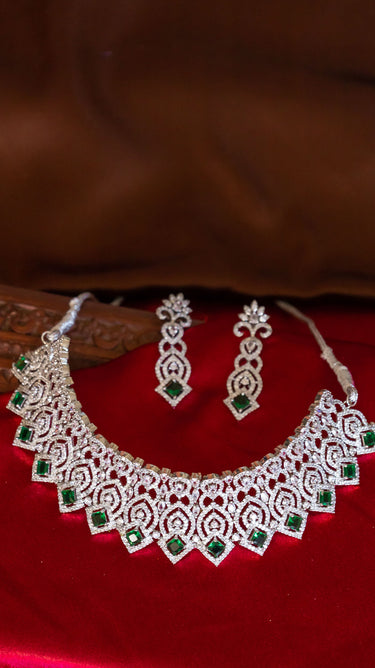 Emerald Green American Diamond Choker Necklace with Earrings Mridu