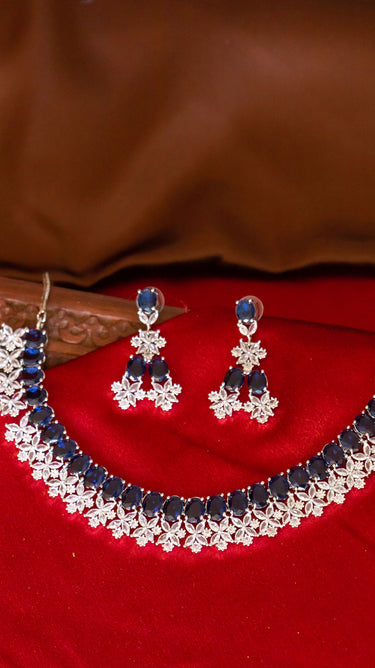 Royal Blue American Diamond Necklace And Earring Yuvi