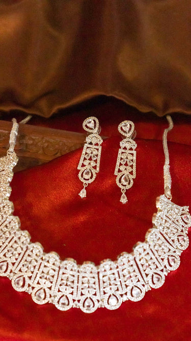 White American Diamond Choker Necklace with Earrings Naira Vana