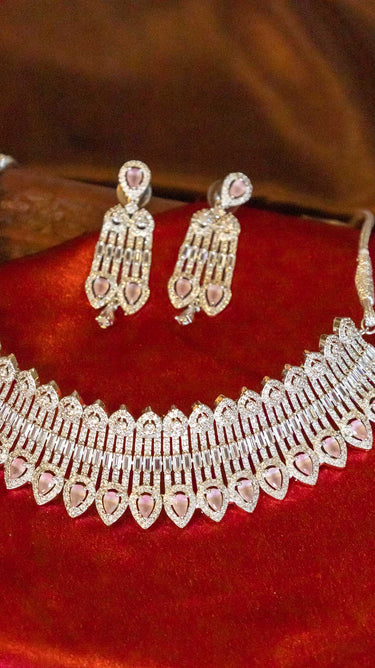 Baby Pink American Diamond Choker Necklace with Earrings Naira Sriti
