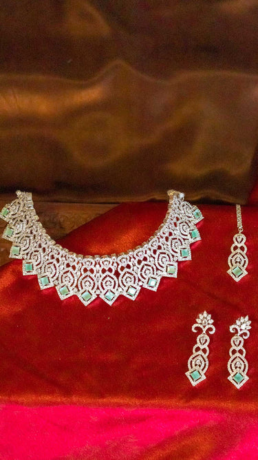 Aqua Blue American Diamond Choker Necklace with Earrings Rani