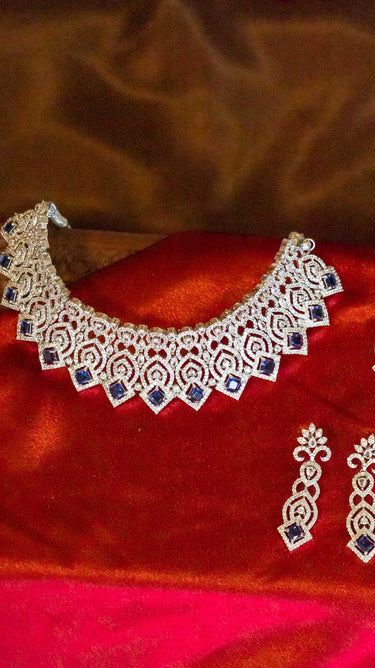 Royal Blue American Diamond Choker Necklace with Earrings Rani