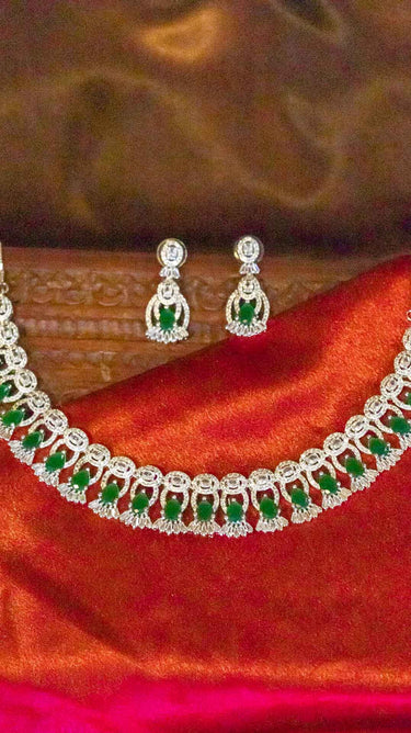 Emerald Green American Diamond Necklace And Earring Noor