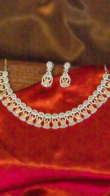 Peach American Diamond Necklace And Earring Noor