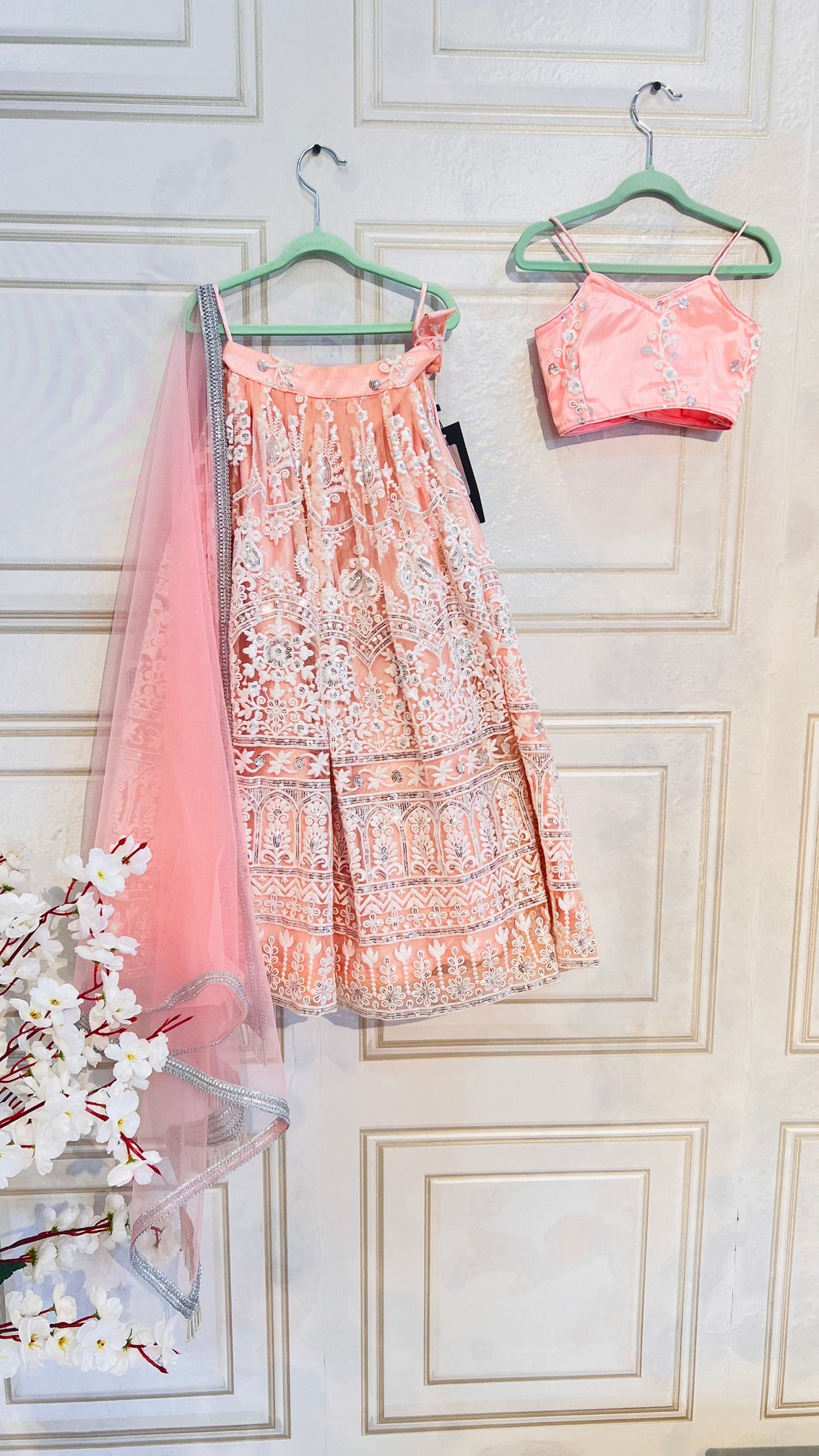 Girls Peach Pink Thread and Sequin Work Lehenga With Boutique Blouse and Dupatta