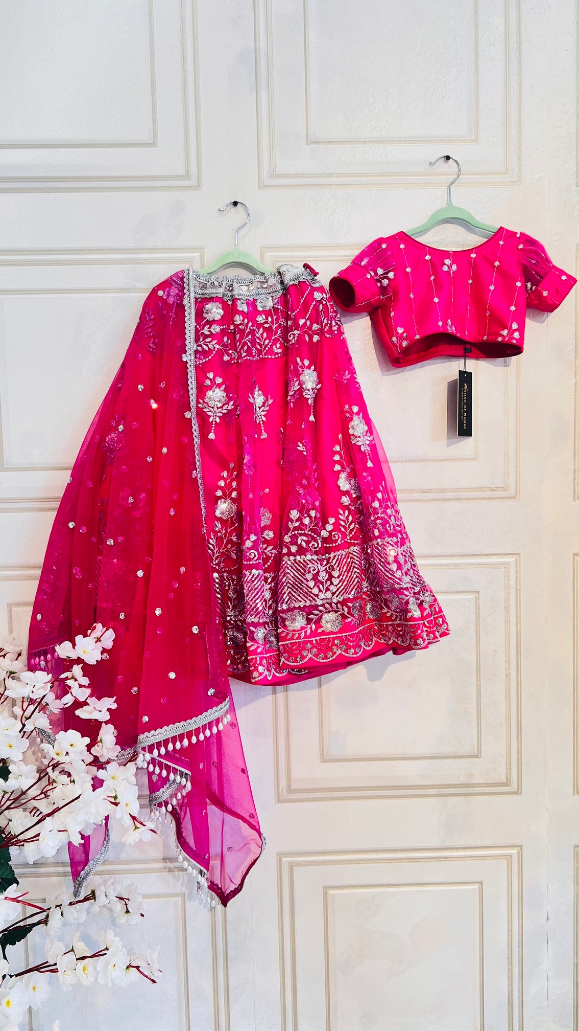 Girls Hot Pink Zari and Sequin Work Lehenga With Boutique Blouse and Dupatta