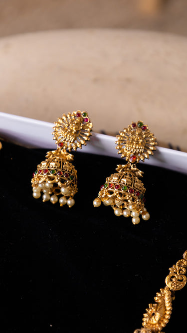 Brass Temple Pearl Long Necklace with Earrings Vani