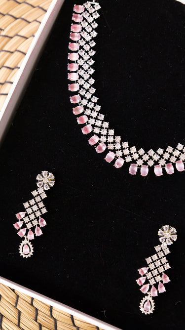 Pink American Diamond Necklace With Earrings Radiant