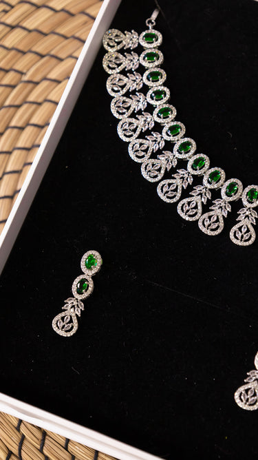 Emerald American Diamond Necklace With Earrings JewelSculpt