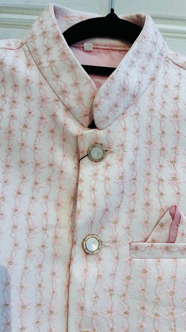 Pink and  White Shimmer Emroidered Nehru Jacket - House of Nepal