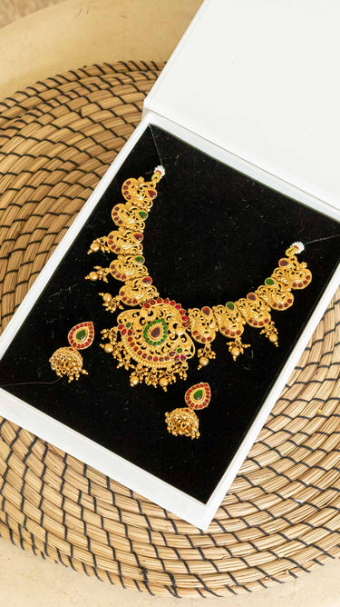 Red and Green Stone Necklace with Earrings Maya