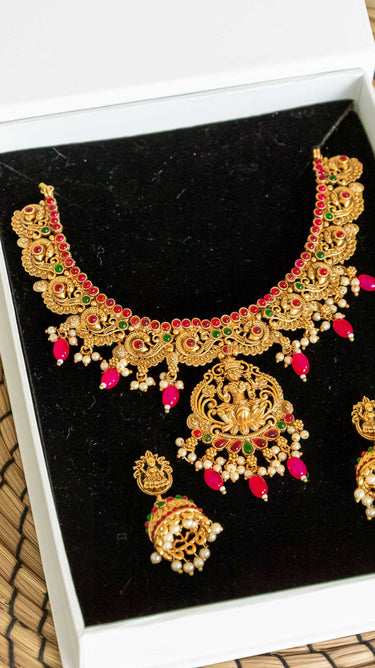 Pink Pearl Brass Temple Necklace with Earrings Sruti