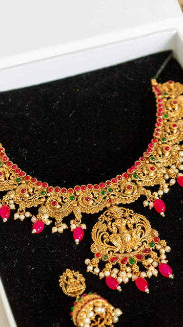 Pink Pearl Brass Temple Necklace with Earrings Sruti