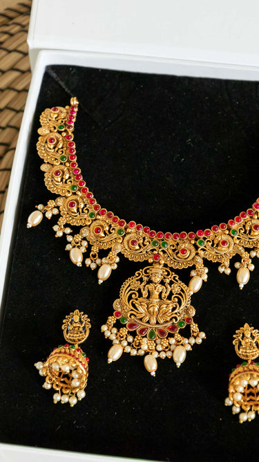 White Pearl Brass Temple Necklace with Earrings Sruti