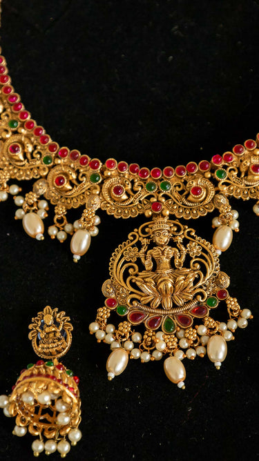 White Pearl Brass Temple Necklace with Earrings Sruti
