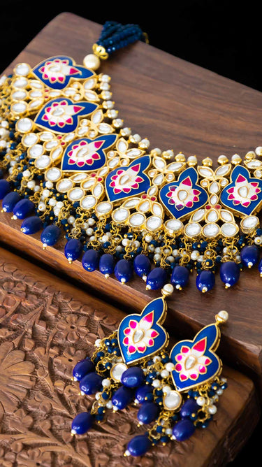 Jiva Kundan Necklace in Blue and Magenta with Earrings