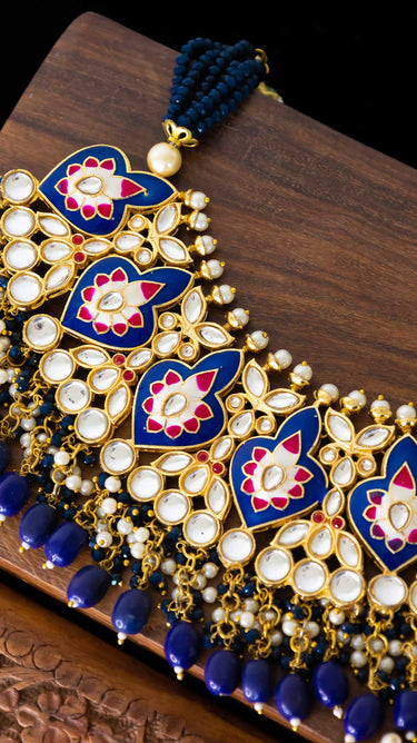 Jiva Kundan Necklace in Blue and Magenta with Earrings