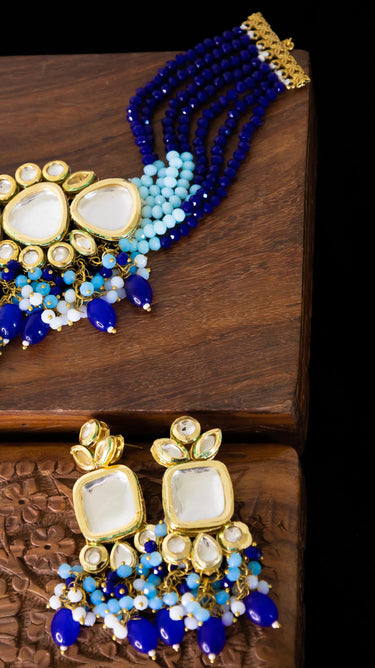 Tanvi Kundan Choker in Navy and Sky with Earrings