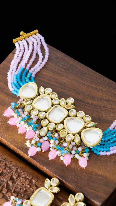 Tanvi Kundan Choker in Sky and Baby Pink with Earrings