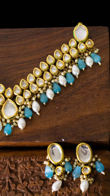 Esha Kundan Necklace in Sky and White with Earrings