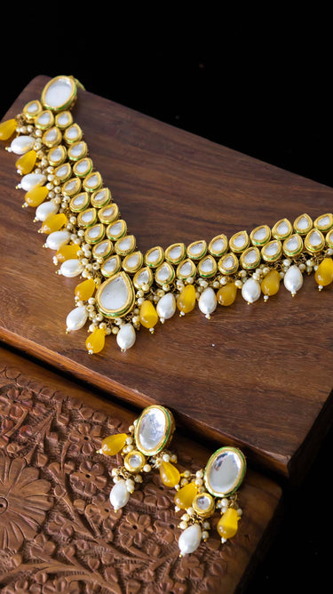 Esha Kundan Necklace in Yellow and White with Earrings