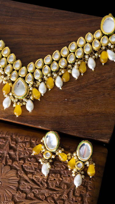 Esha Kundan Necklace in Yellow and White with Earrings