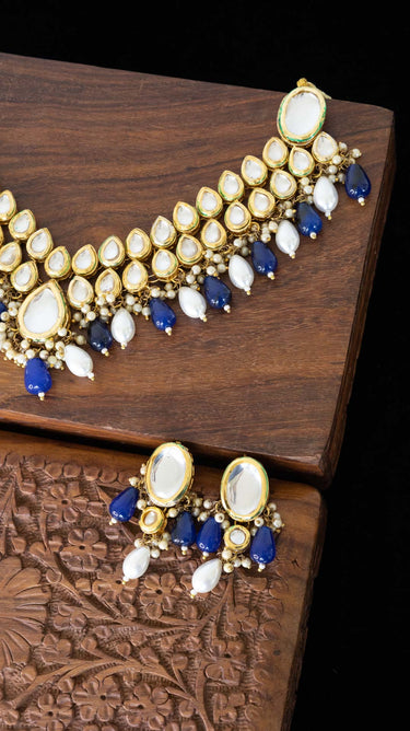 Esha Kundan Necklace in Blue and White with Earrings