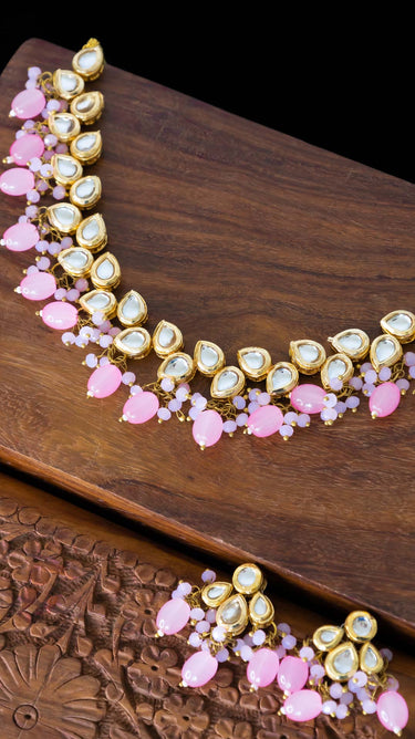 Vani Kundan Necklace in Baby Pink with Earrings
