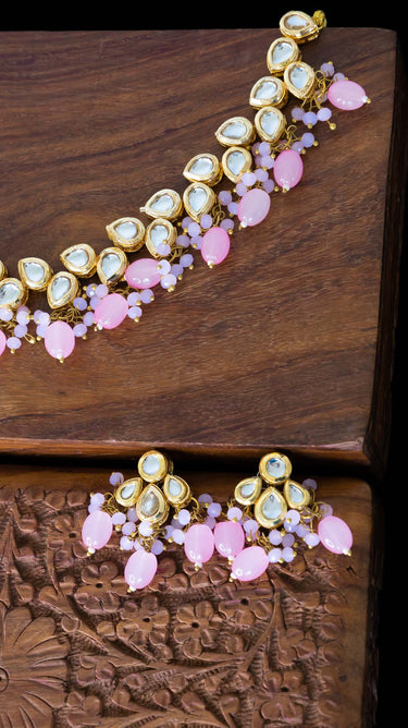Vani Kundan Necklace in Baby Pink with Earrings