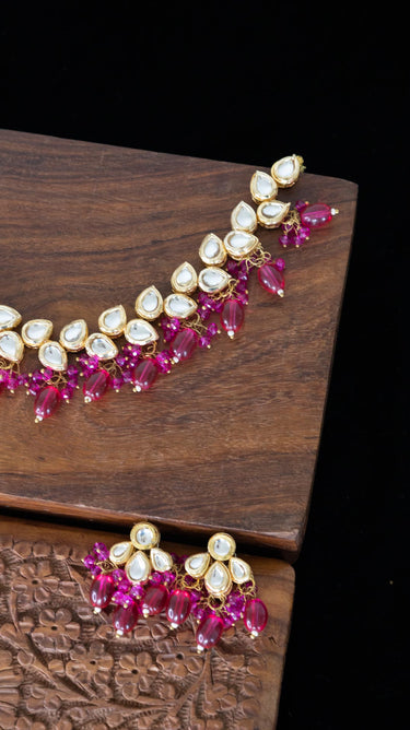 Vani Kundan Necklace in Magenta with Earrings