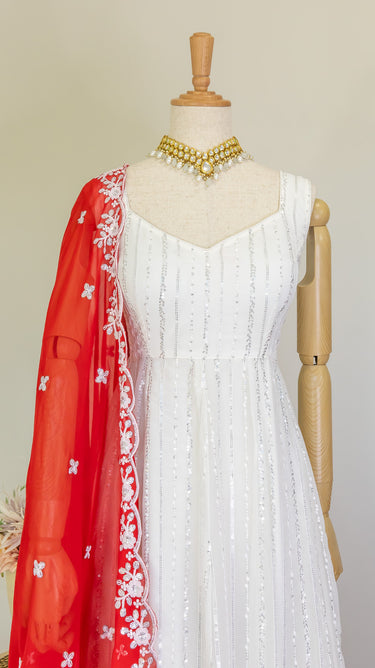 White Sleeveless Threadwork Anarkali with Chudidar and Shawl