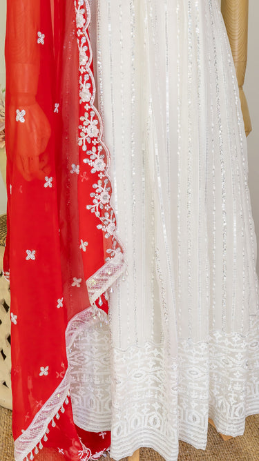 White Sleeveless Threadwork Anarkali with Chudidar and Shawl