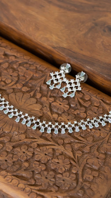 Aqua Blue American Diamond Necklace And Earring Riana