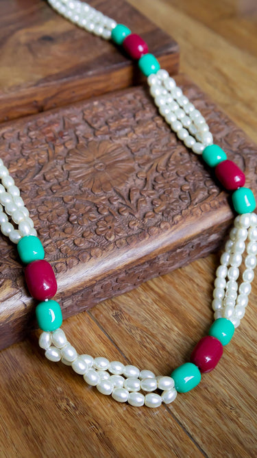 Pearl and Maroon Muga Mala Traditional Nepali Necklace