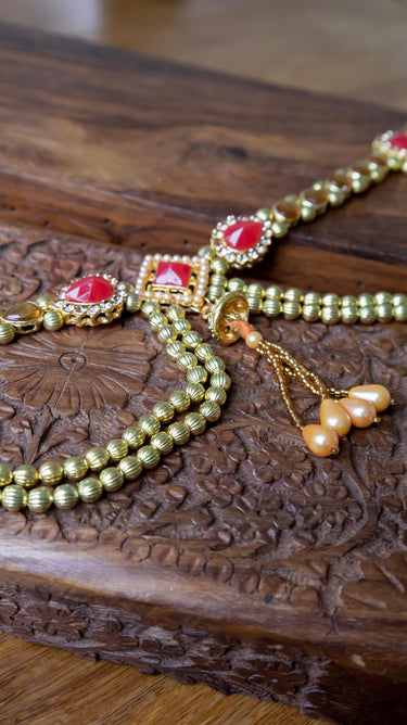 Brass Saree Belt KamarBand with Red and Golden Stone