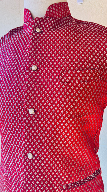 Maroon and Silver Brocade Waistcoat With Topi