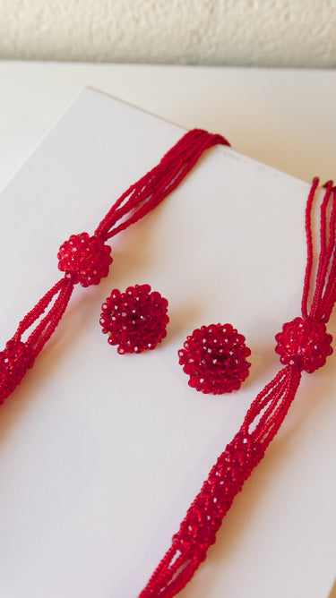 Red Multicolor Crystal Potey Bead Necklace with Earrings