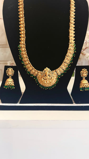 Brass Temple Pearl Long Necklace with Earrings Divya