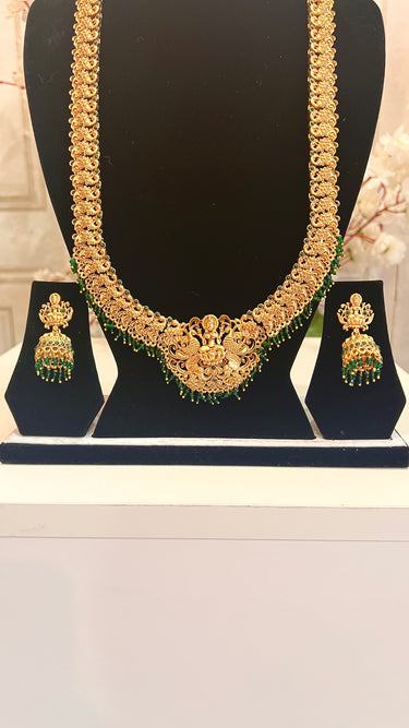 Brass Temple Pearl Long Necklace with Earrings Mahadevi