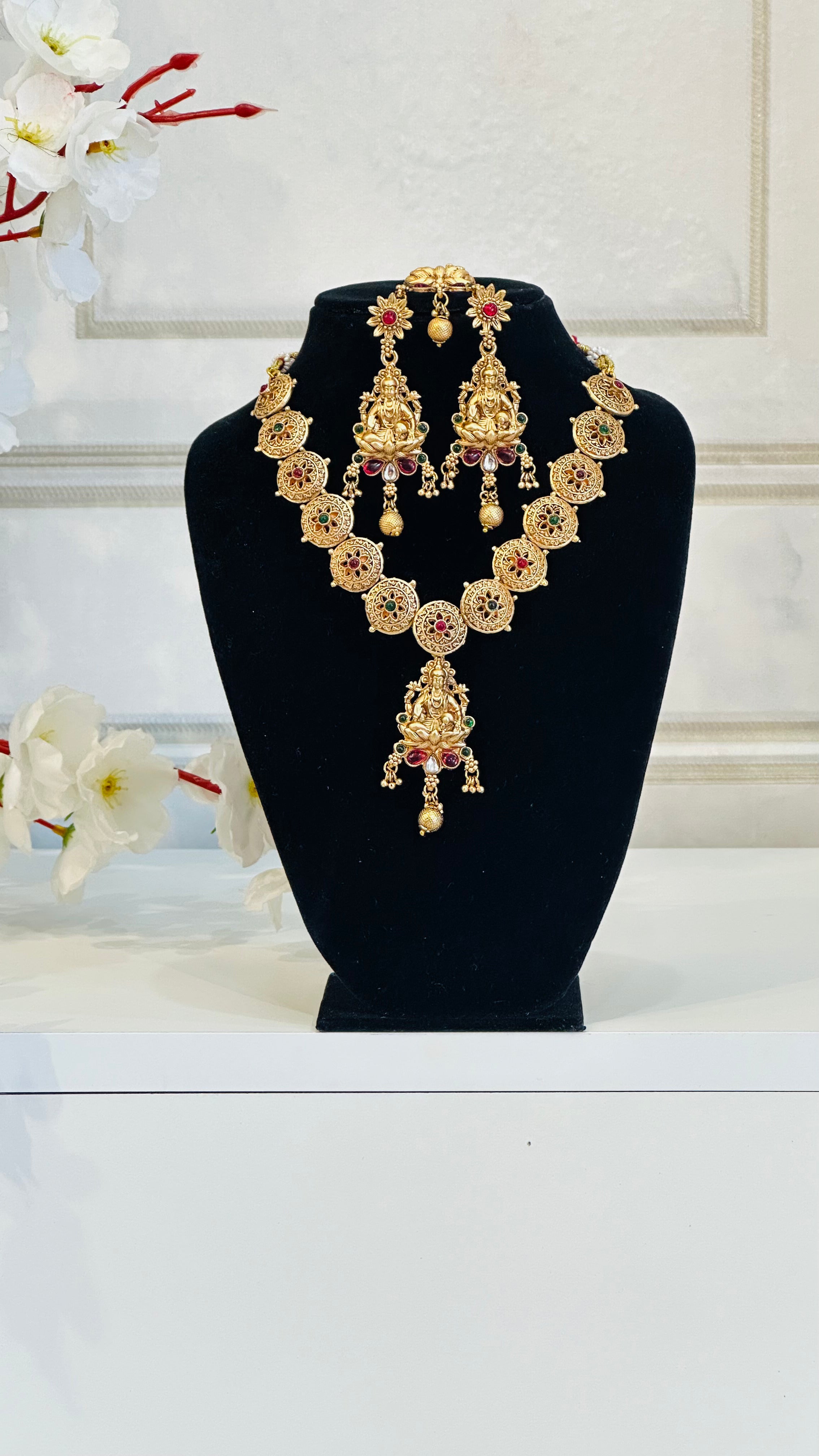 Brass Temple Jewellery With Earrings and Bindi Camellia