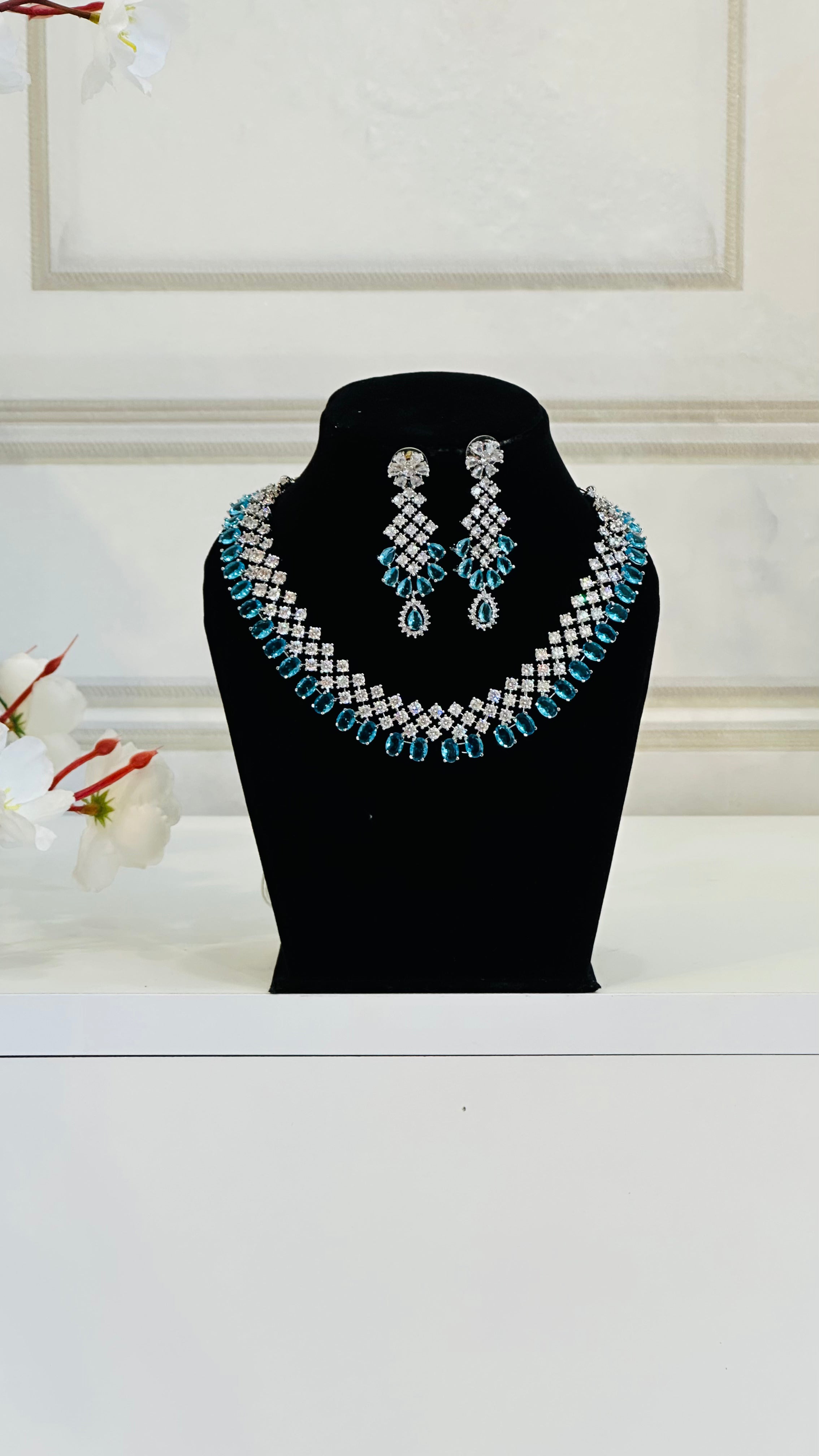Blue American Diamond Necklace With Earrings Radiant
