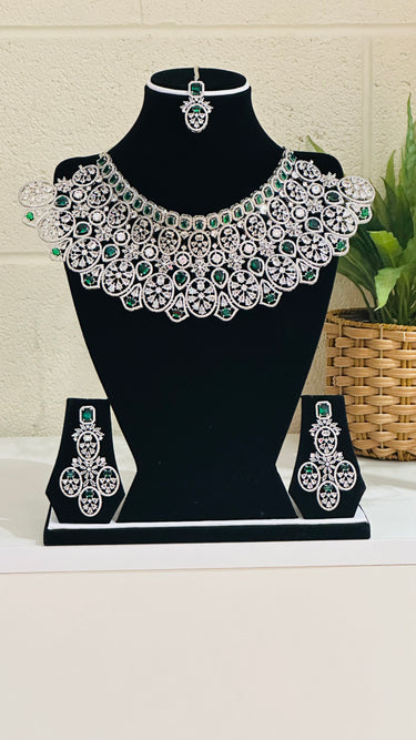 Emerald American Diamond Necklace With Earrings and Bindi Hyacinth