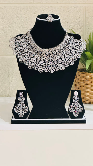 White American Diamond Necklace With Earrings and Bindi Hyacinth