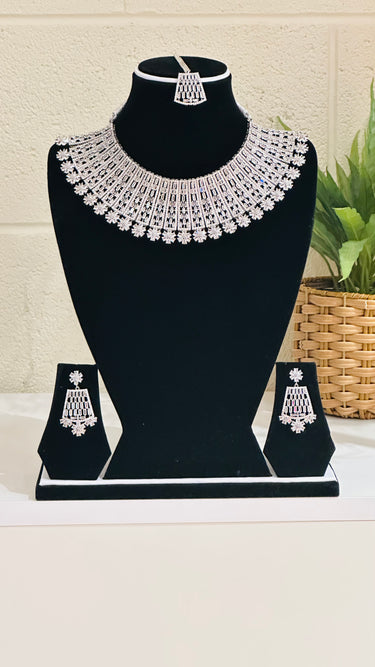 White American Diamond Necklace With Earrings and Bindi - House of Nepal