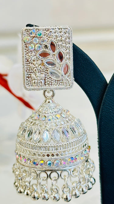 White Rainbow Stone and Mirror Work Jhumka Iris - House of Nepal
