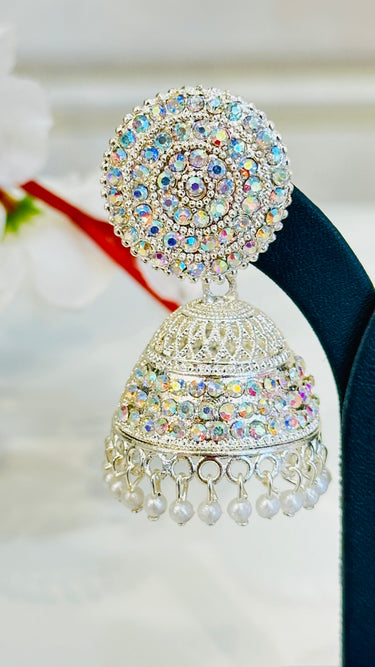 White Rainbow Stone Work Jhumka With Beads Rose - House of Nepal