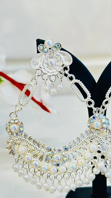 White Rainbow Stone And Pearl Work Jhumka With Beads Lily - House of Nepal