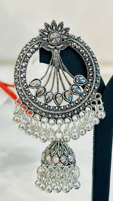 Grey Metallic Rainbow Stone Work Jhumka Hyacinth - House of Nepal
